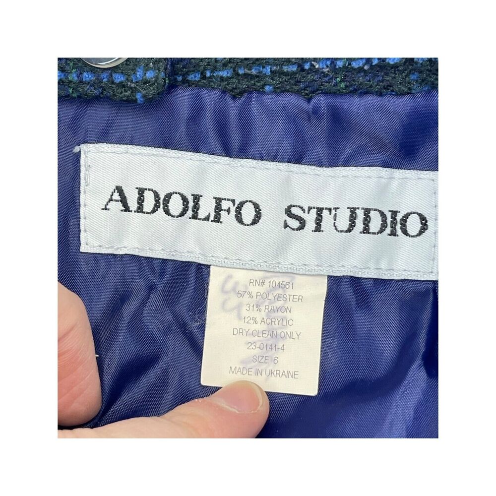 Adolfo Studio 2 Piece Skirt Suits Women's 6 Blue Plaid Polyester Double Breasted - Picture 16 of 16